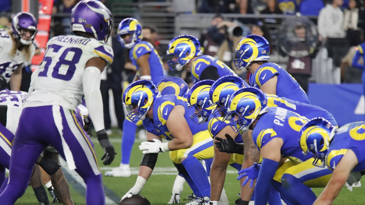La línea ofensiva de la Rams en el último cuarto contra los Minnesota Vikings