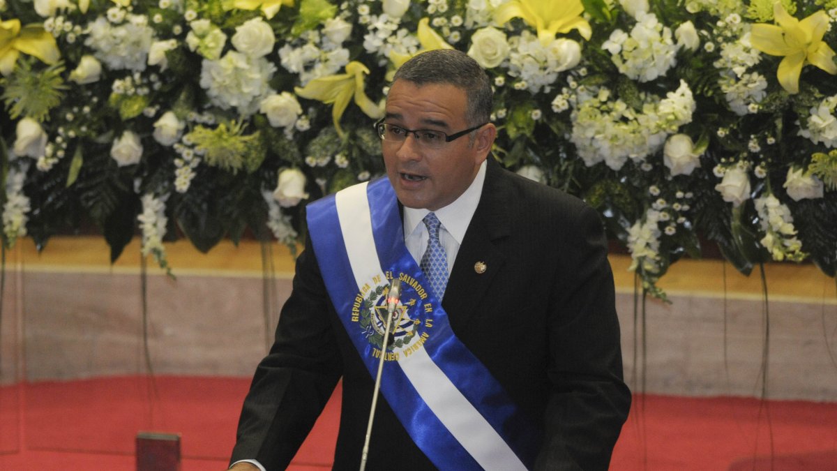 The former president of El Salvador Funes gives a speech during his term in office.