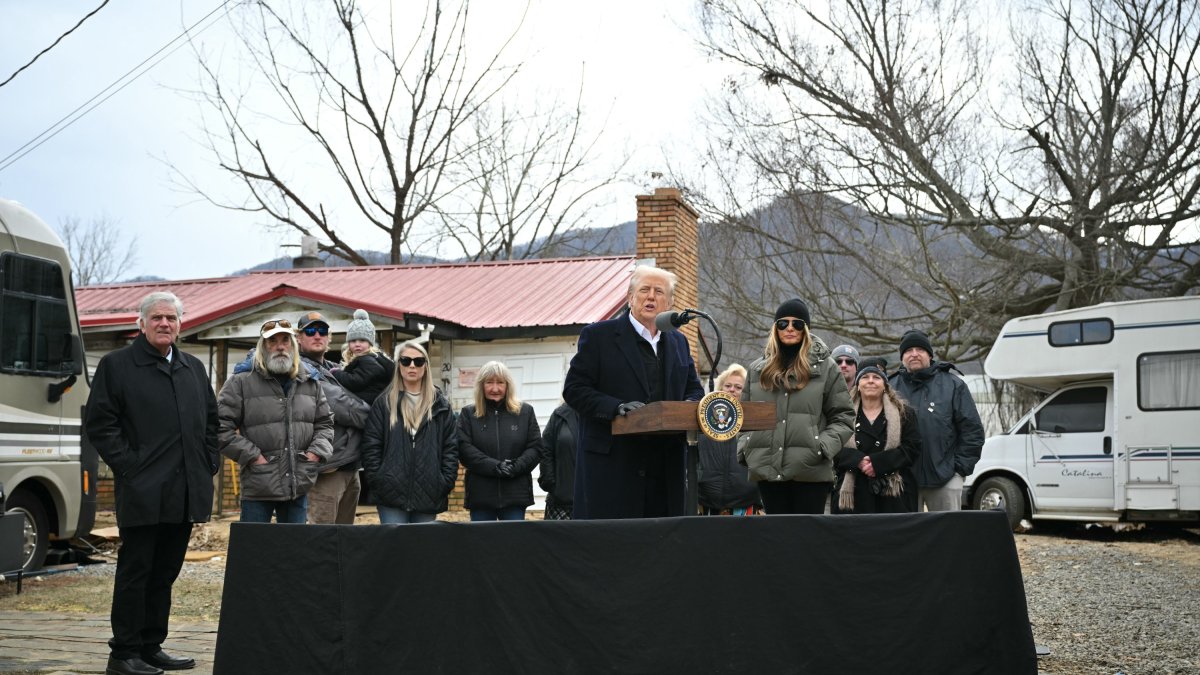 Donald Trump during his visit to a neighborhood affected by Hurricane Helene.