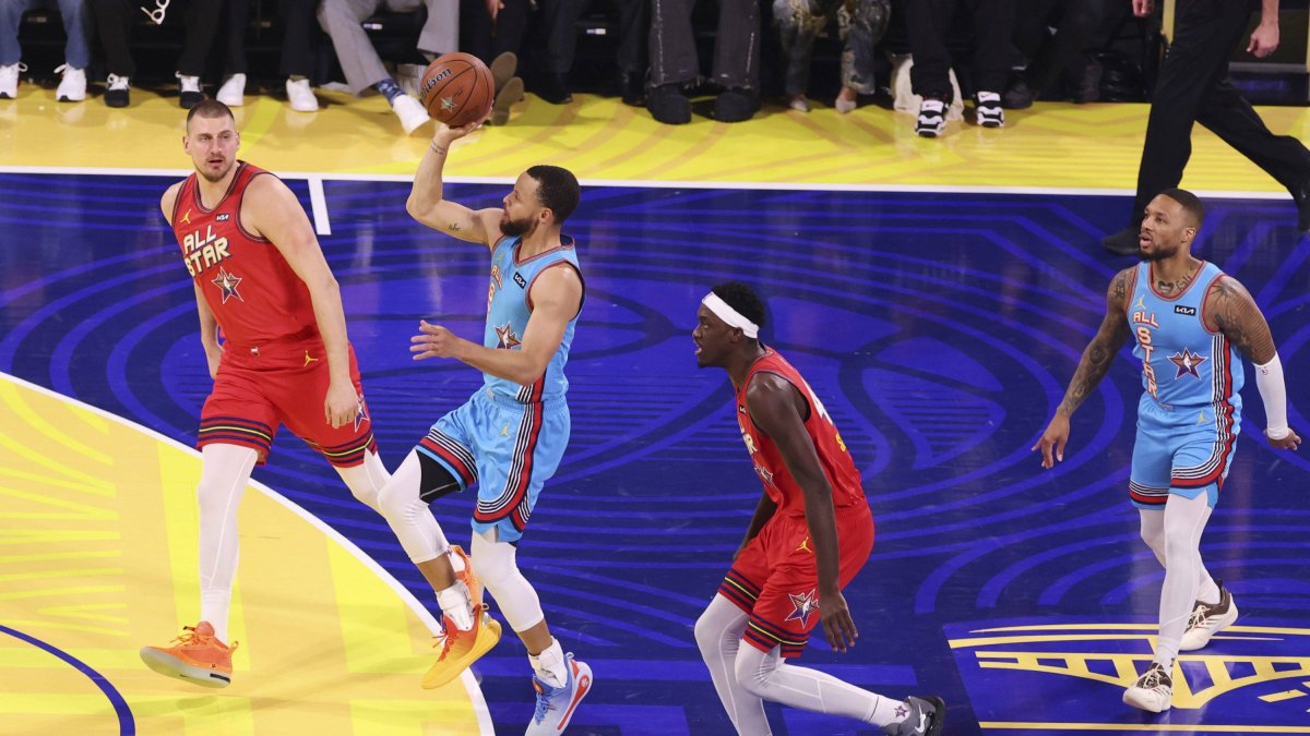 Stephen Curry shoots a one-legged shot from the 3-point line