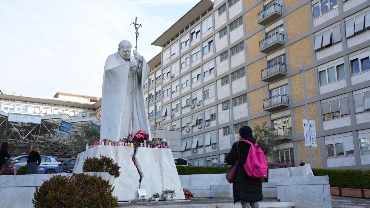 Statue of Pope John Paul II in front of the Gemelli hospital.