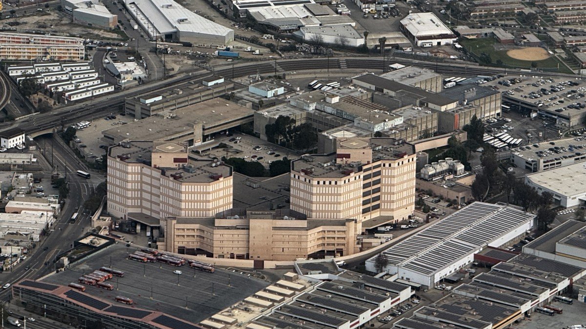 An aerial image shows the Los Angeles County Sheriffs Department Twin Towers Correctional Facility.