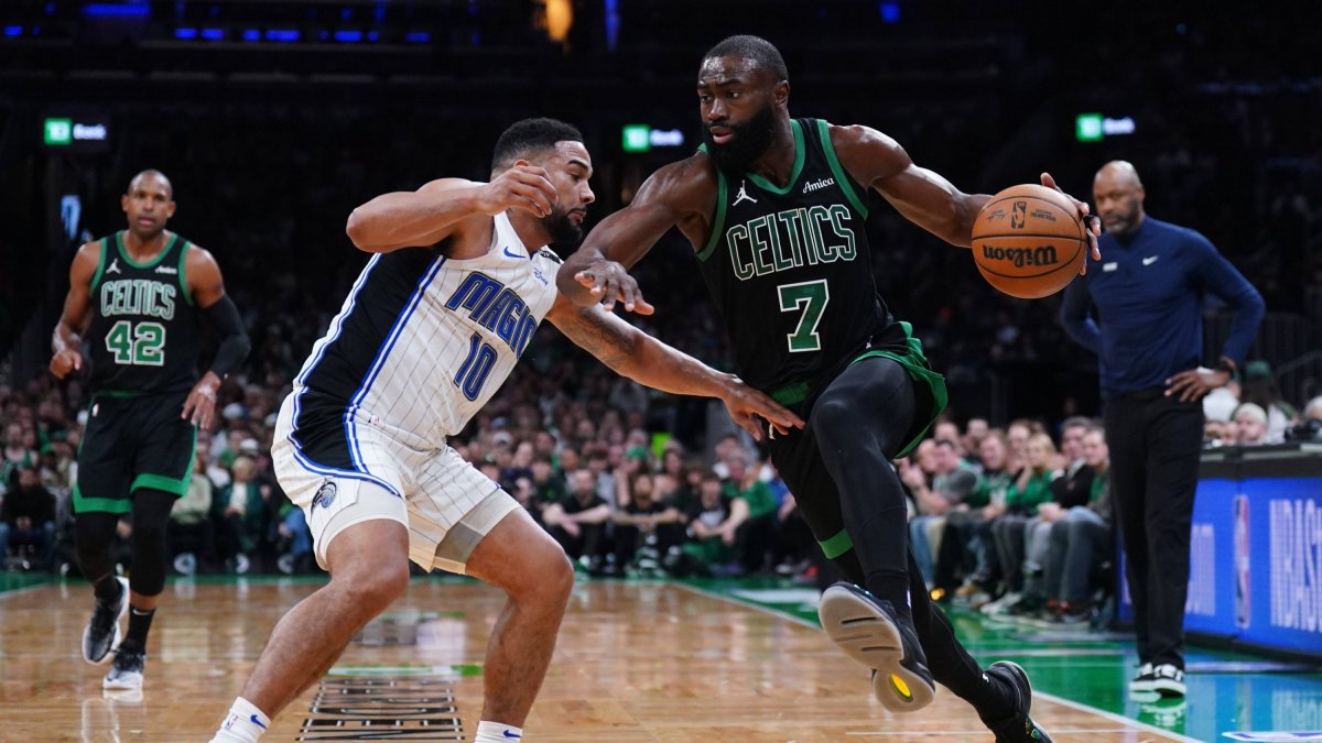 Jaylen Brown of the Celtics and Cory Joseph of the Magic.