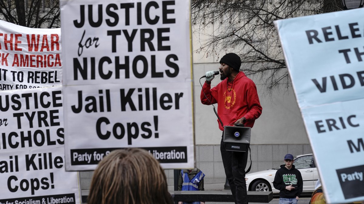 A protester calls for justice for Tyre Nichols