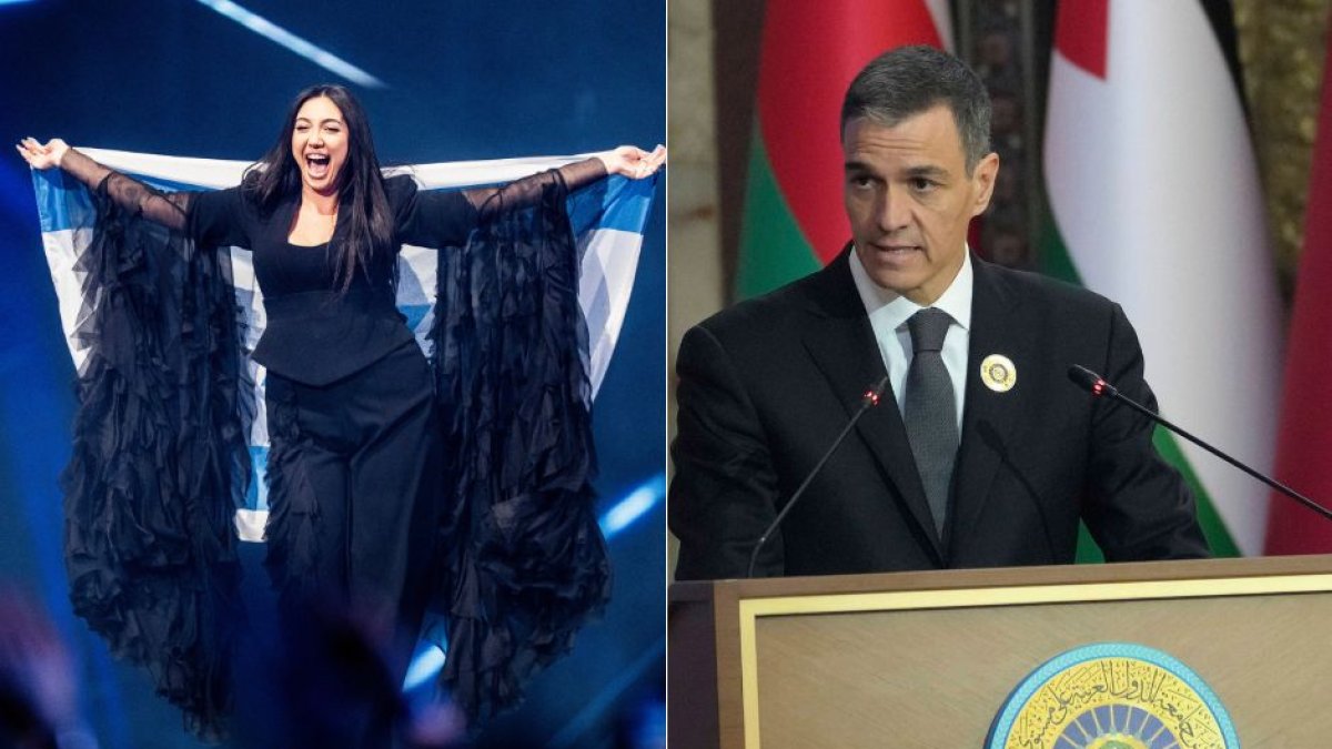 Israeli artist Yuval Raphael, at Eurovision 2025, and Pedro Sanchez.