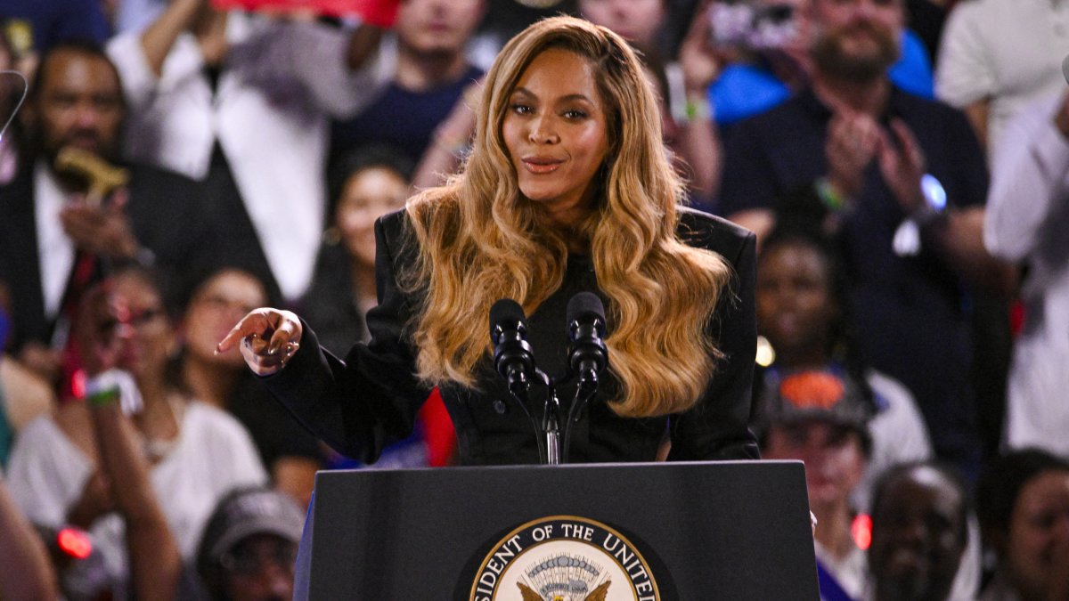 Singer Beyoncé speaks during a Kamala Harris campaign rally.