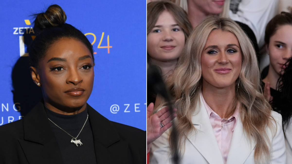 Simone Biles (izquierda) y Riley Gaines (der)