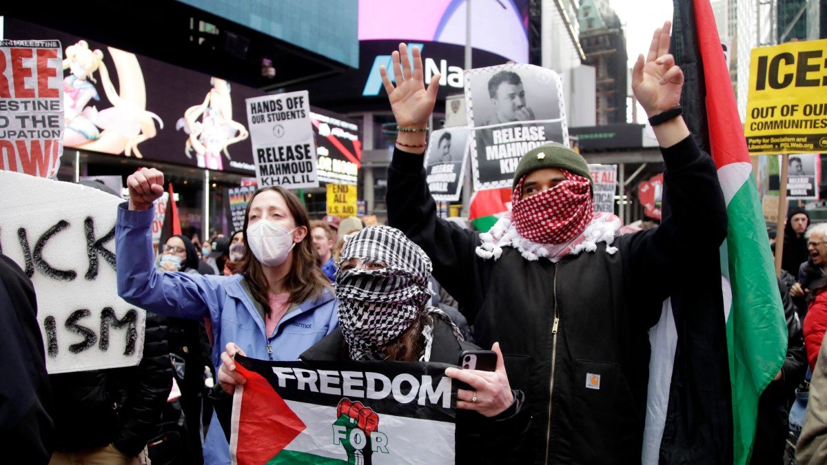 Pro-Palestinian activists participate in a 