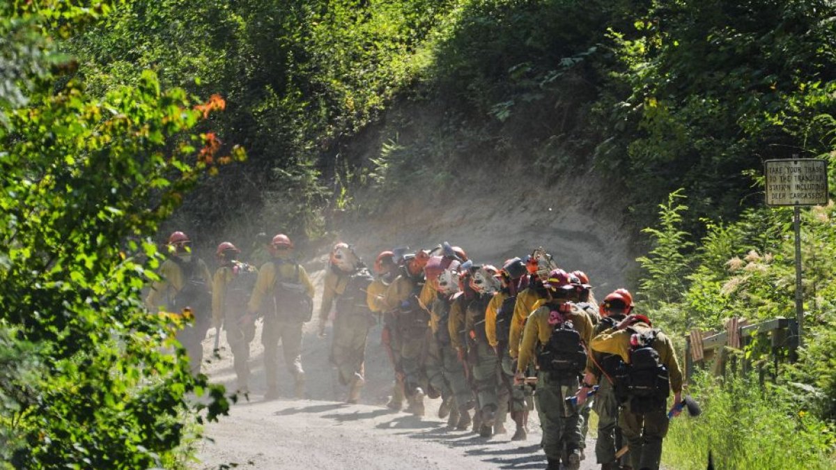 Wildland firefighters responding to a wildfire on Canfield Mountain.