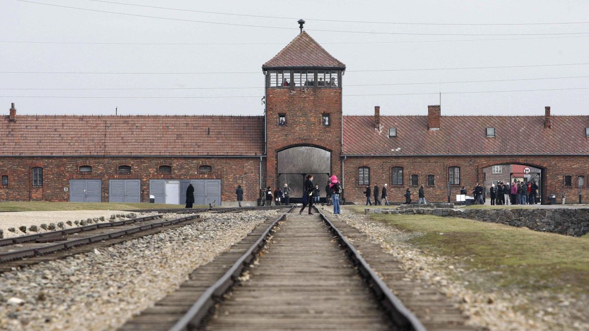 The rail leading to the former Auschwitz II (Birkenau) concentration camp in Poland