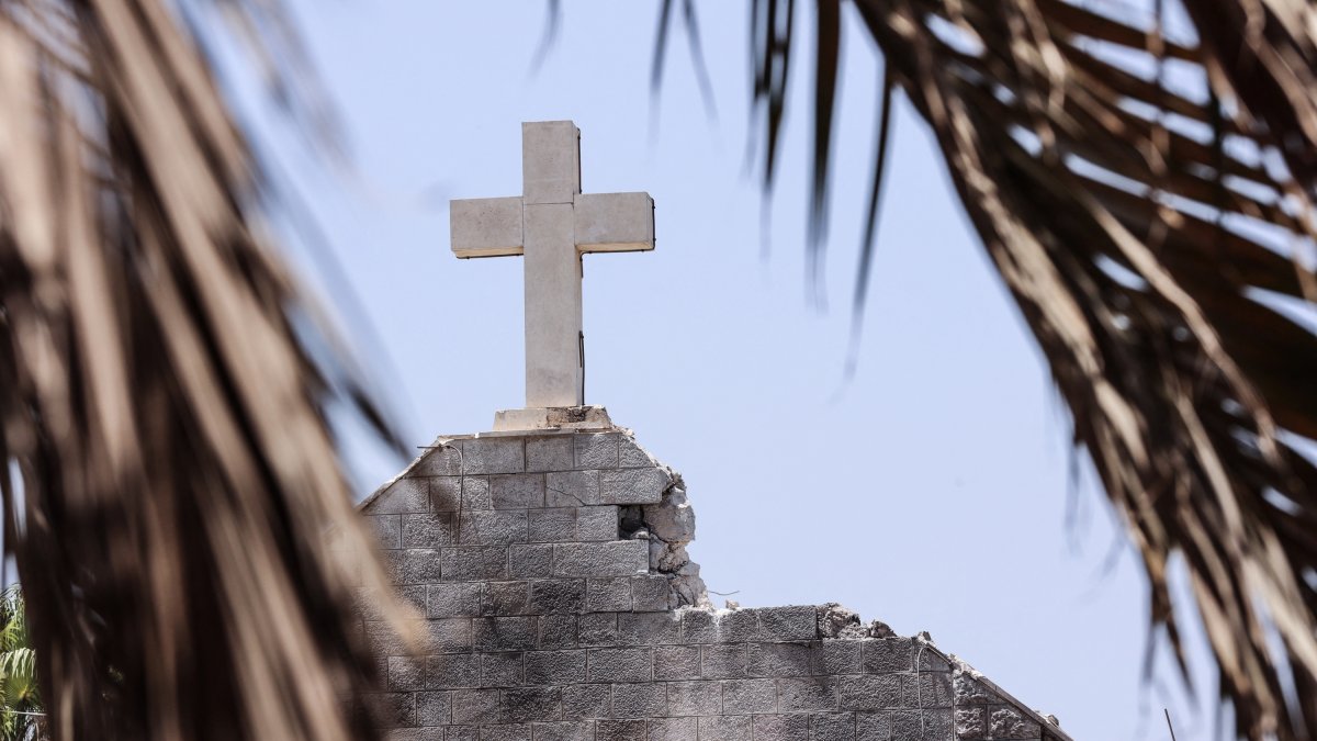 The facade of the Catholic church in Gaza was damaged after the stray shot by the Israeli army.