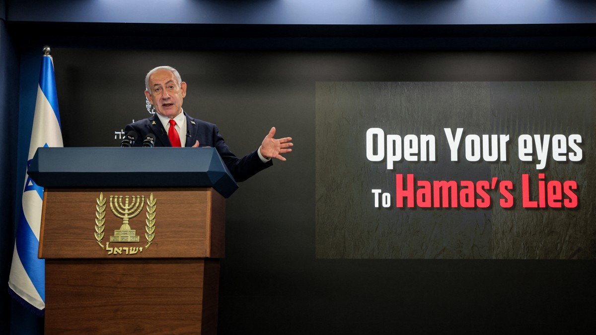 El primer ministro Benjamin Netanyahu ofrece una conferencia de prensa este 10 de agosto de 2025