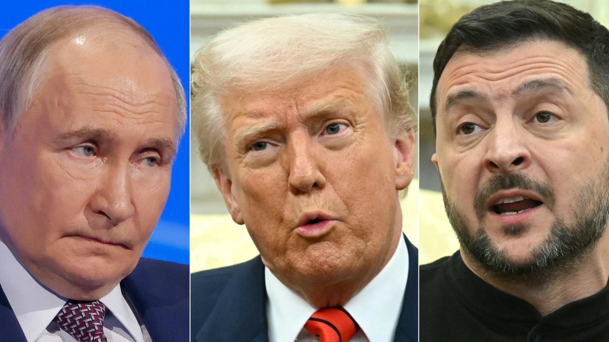 Collage de imágenes de archivo de Trump, Putin y Zelenski