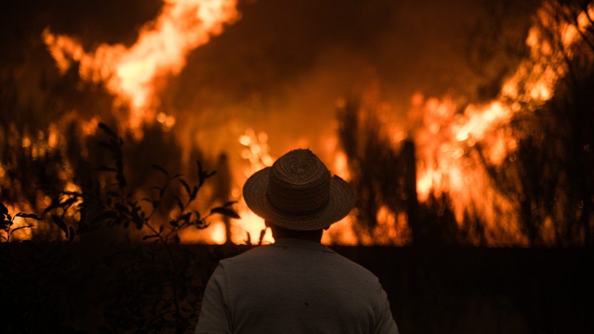 Un hombre observa cómo las llamas arrasan la localidad de Cualedro (España)