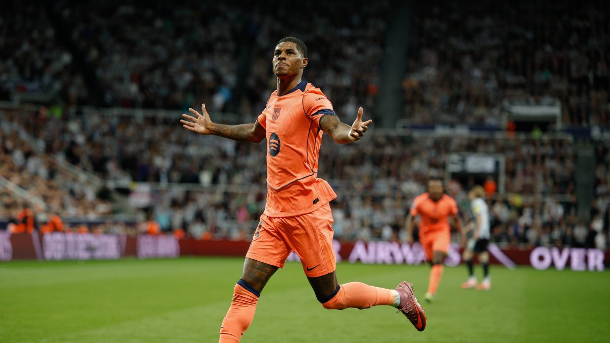 Marcus Rashford (FC Barcelona), celebrating one of his two goals against Newcastle.