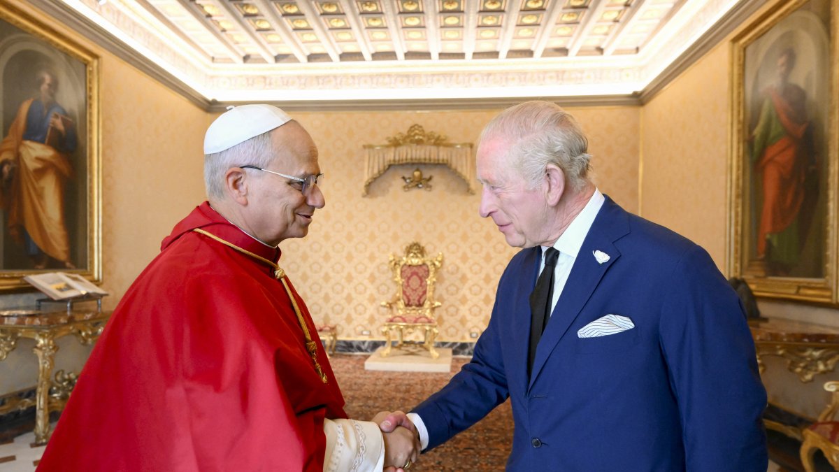 Pope Leo XIV during a meeting with King Charles III of Great Britain.