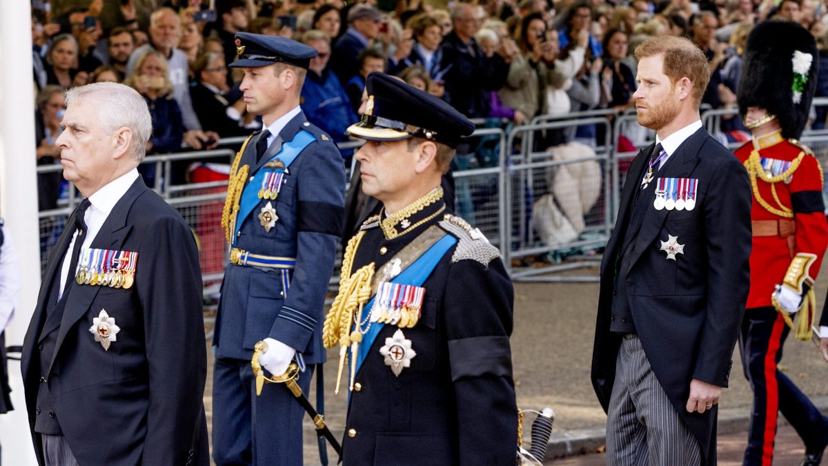 El príncipe Andrés, el príncipe Guillermo, el príncipe Eduardo y el príncipe Enrique durante el cortejo fúnebre de la reina Isabel II
