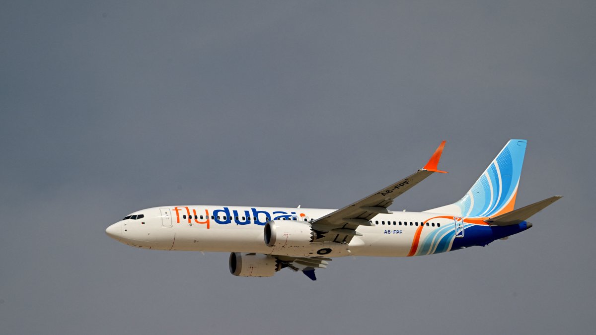A Flydubai Boeing 737 MAX 8 aircraft performs a flight demonstration.
