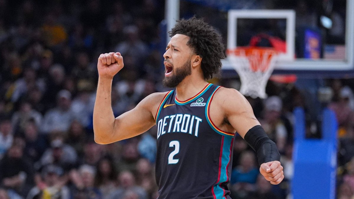 Cade Cunningham (Detroit Pistons) celebrates the win against the Indiana Pacers