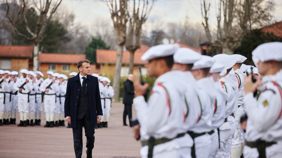 French President Emmanuel Macron at a military academy