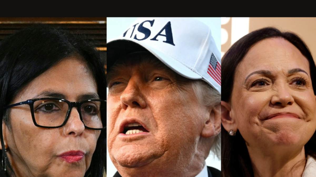 Collage of photos with Delcy Rodríguez, Donald Trump and María Corina Machado