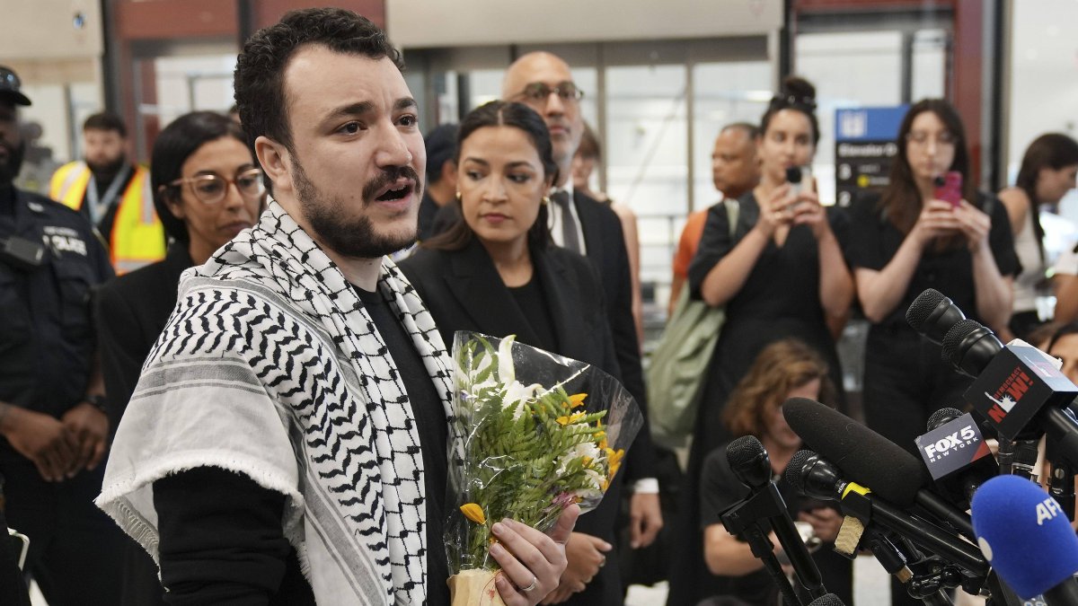 Mahmoud Khalil speaks during a news conference