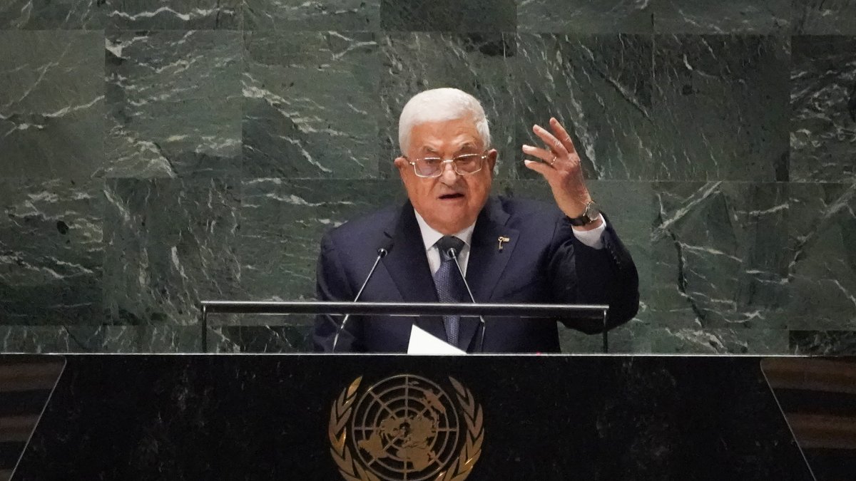 Palestinian president Mahmoud Abbas addresses the 78th United Nations General Assembly at UN