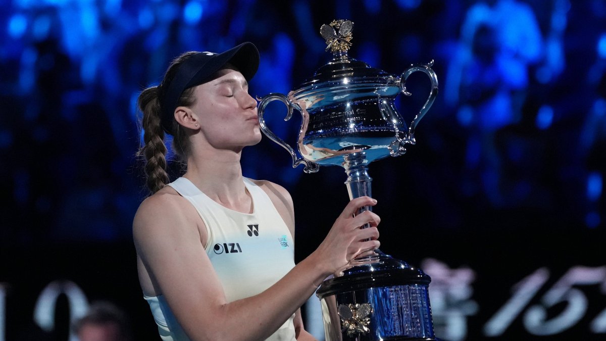 Elena Rybakina celebrates winning the Australian Open.