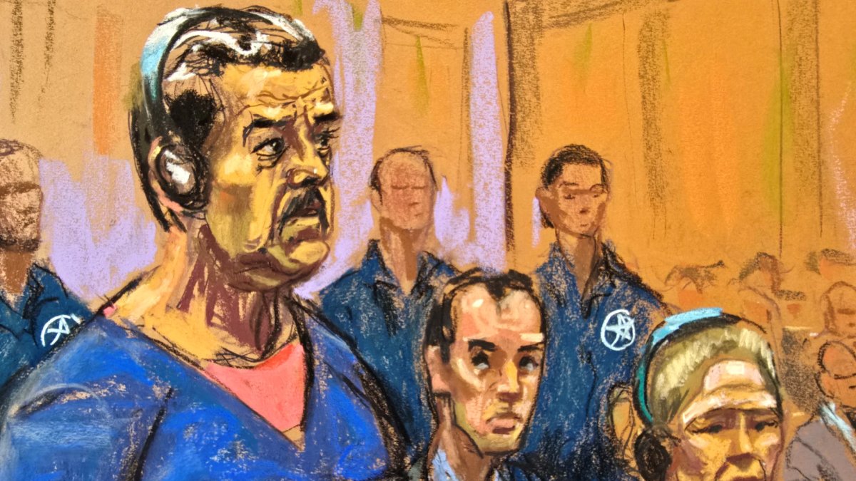This courtroom sketch shows Venezuela's deposed dictator Nicolas Maduro.