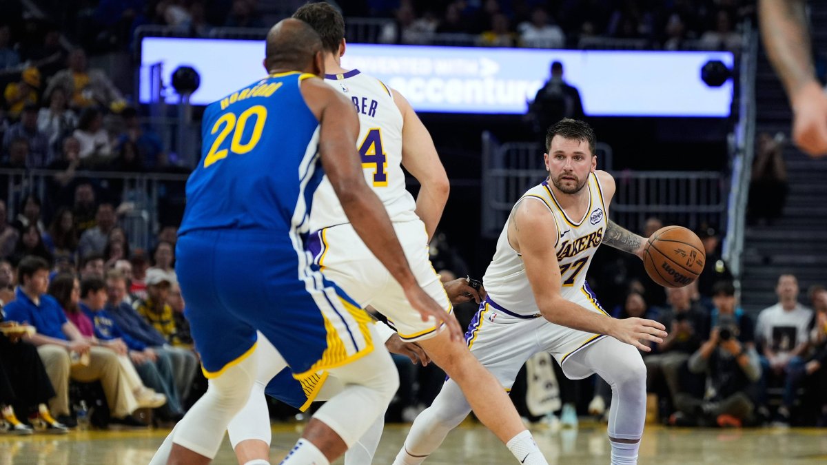 Luka Doncic prepares to initiate an attack.