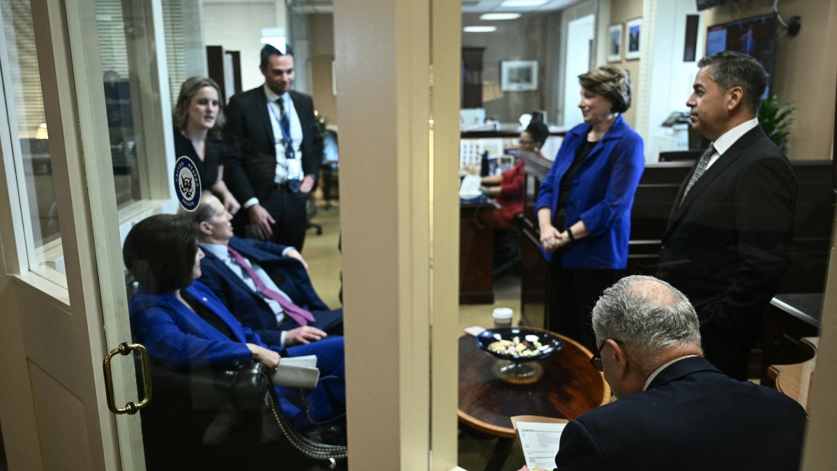 El líder de la minoría del Senado, Chuck Schumer, se reúne con los demócratas del Senado antes de una rueda de prensa