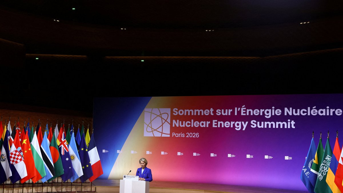 Ursula von der Leyen delivers a speech during the Nuclear Energy Summit.
