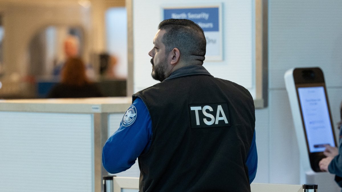 A Transportation Security Administration (TSA) agent works at a security checkpoint.