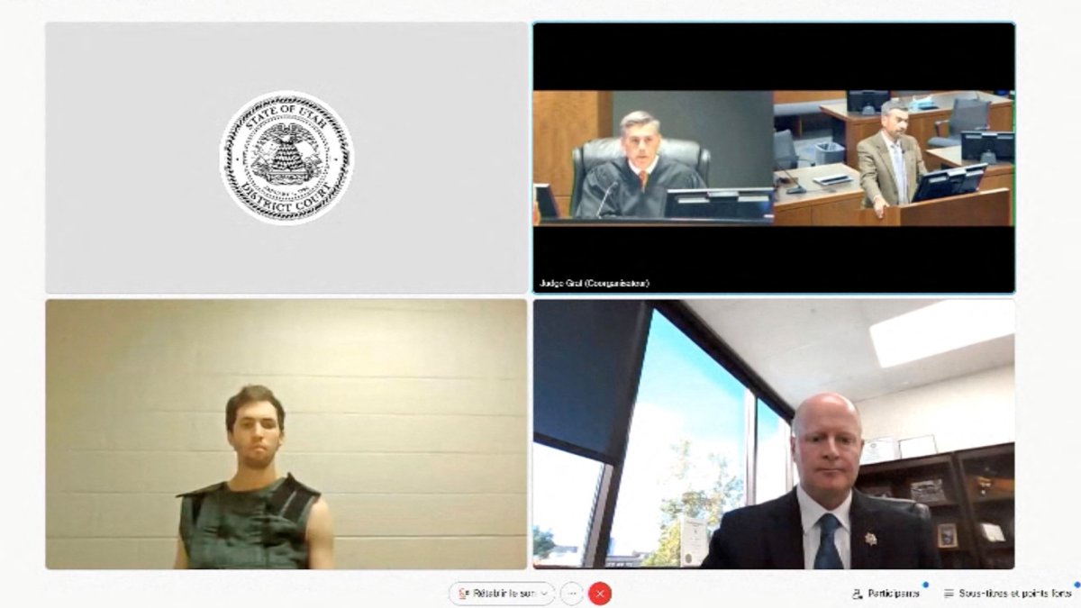 This screenshot from the Utah court's live stream shows Tyler Robinson