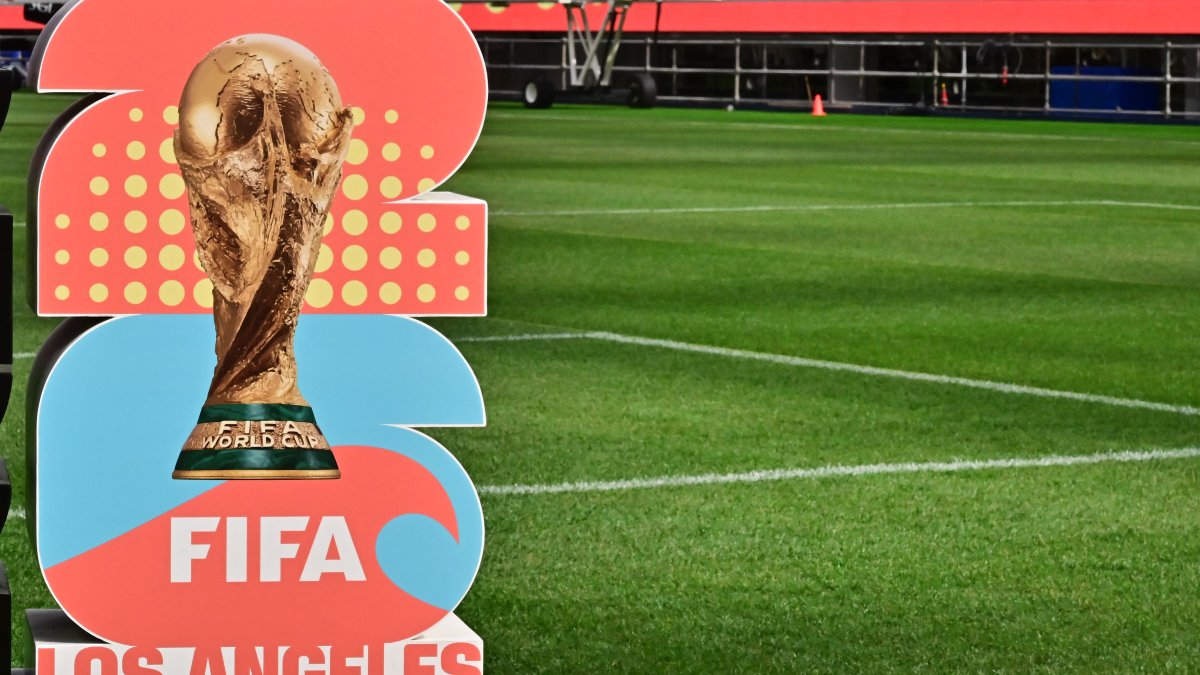 The official 2026 World Cup logo on display at SoFi Stadium in Iglewood, Calif.