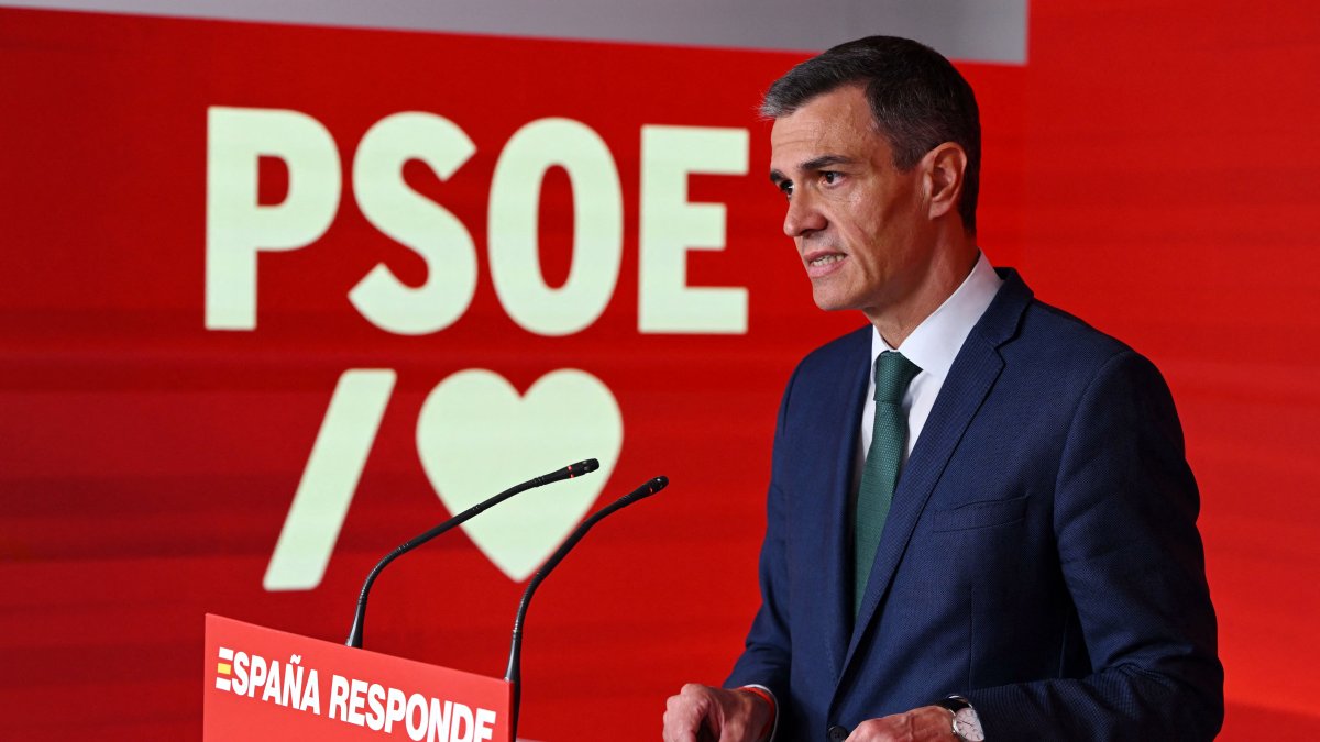 Pedro Sánchez during an appearance at the PSOE headquarters. June 2025