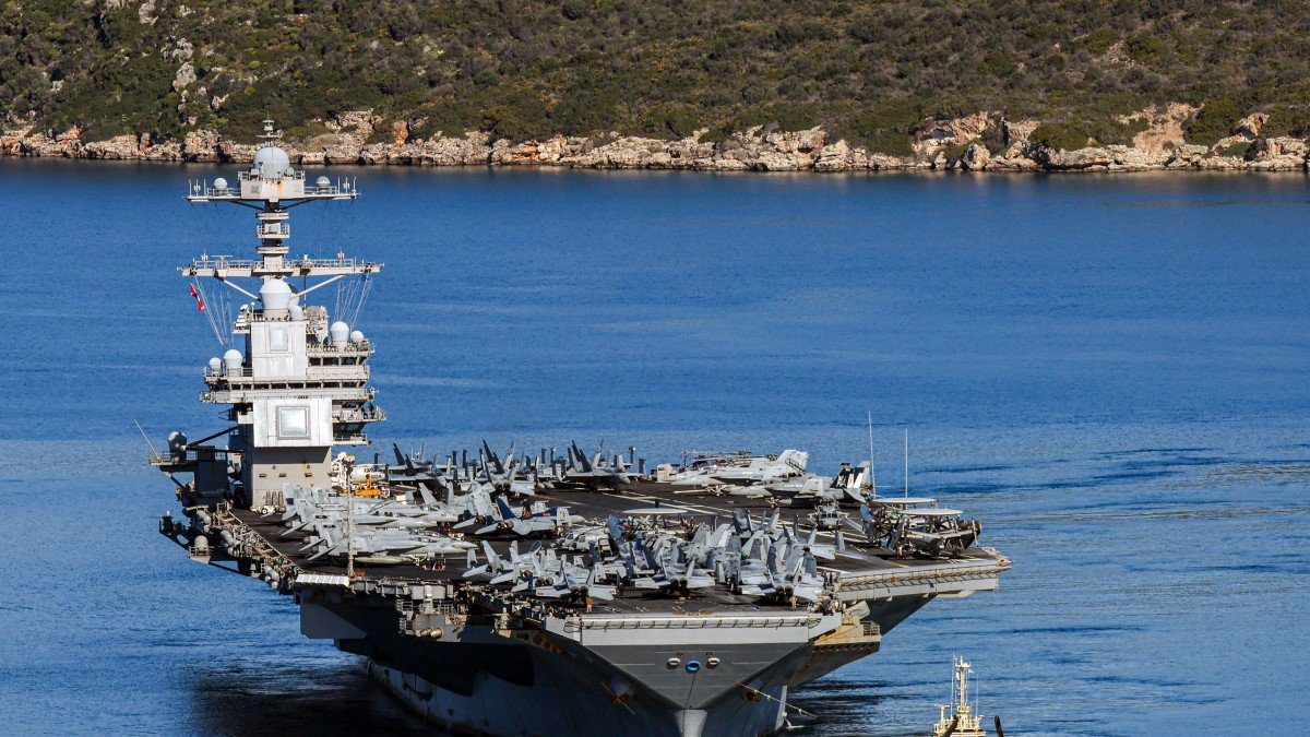 Navy aircraft carrier USS Gerald R. Ford departs Souda Bay on the island of Crete