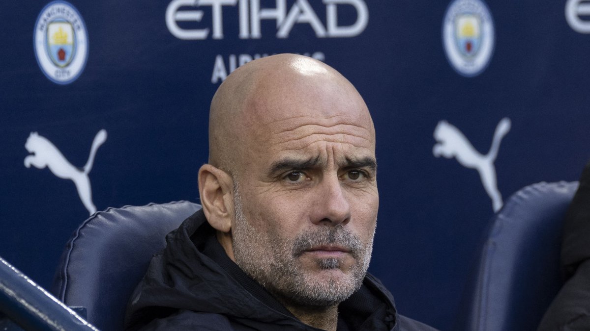 Pep Guardiola, during a Manchester City match in 2026