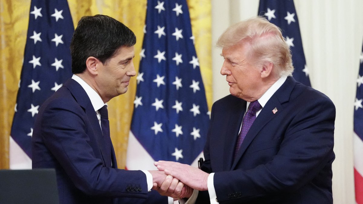 President Trump shakes hands with new Fed Chairman Kevin Warsh.