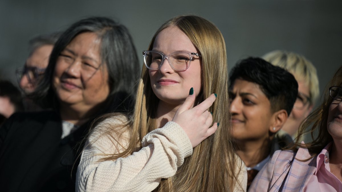 Becky Pepper-Jackson, a trans athlete from West Virginia, in front of the Supreme Court