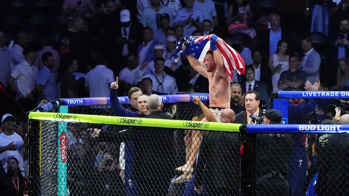 American Justin Gaethje celebrates after defeating Georgian Ilia Topuria during the