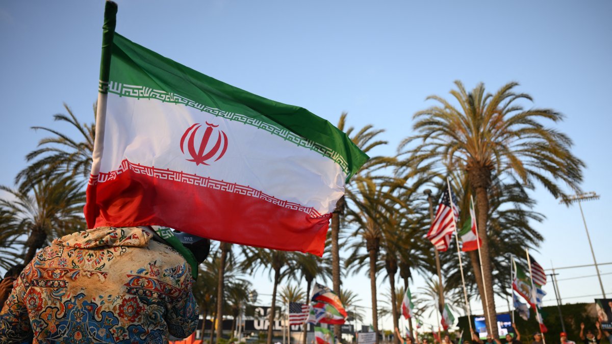 A man holds an Iranian flag in front of people carrying flags from other countries.