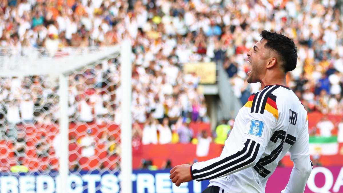 Nadiem Amiri celebrates his team’s second goal during the 2026 World Cup Group E soccer match between Germany and Ivory Coast at Toronto Stadium on June 20, 2026.