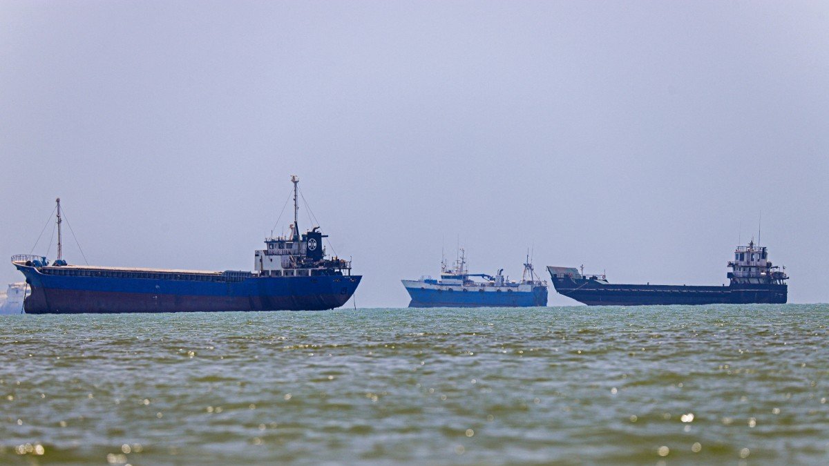Ships anchored in Bandar Abbas along the Strait of Hormuz