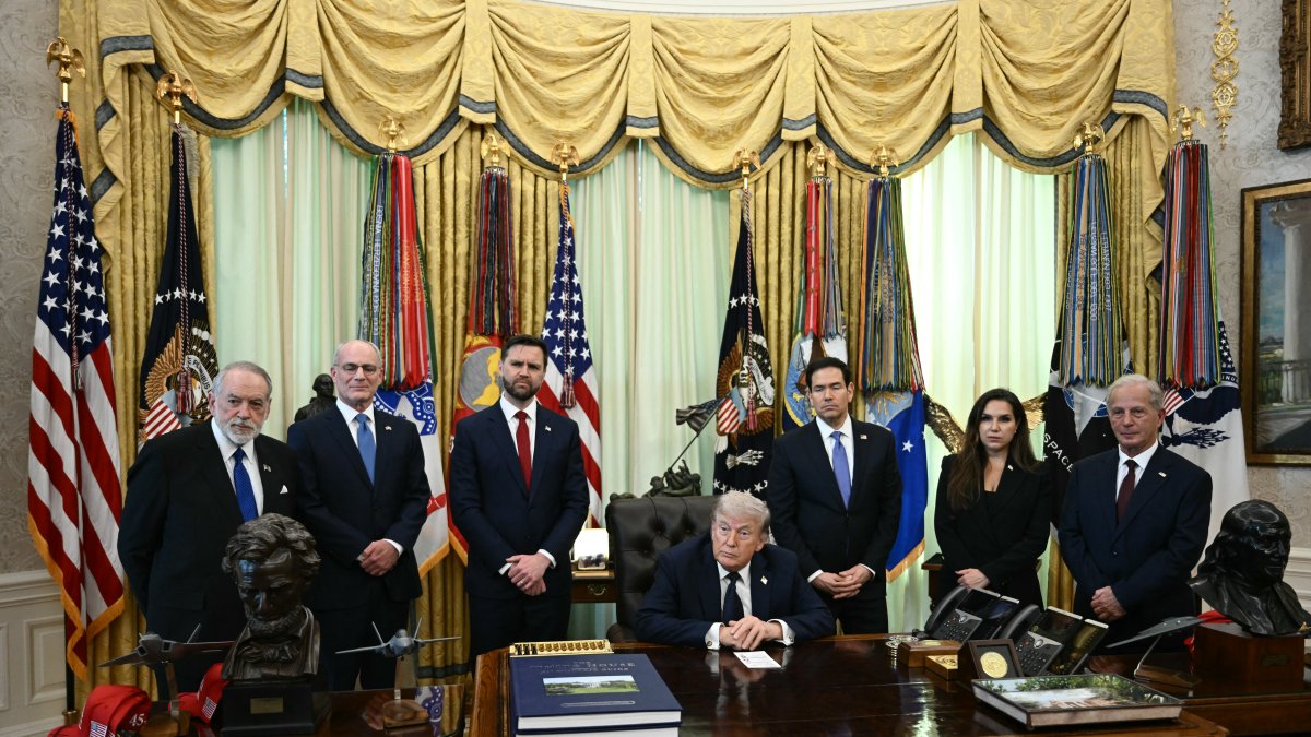 (L-R) US Ambassador to Israel Mike Huckabee, Israel Ambassador to US Yechiel Leiter, JD Vance, US President Donald Trump, Marco Rubio, Lebanon Ambassador to the US Nada Hamadeh Moawad and US Ambassador to Lebanon Michel Issa (Files)