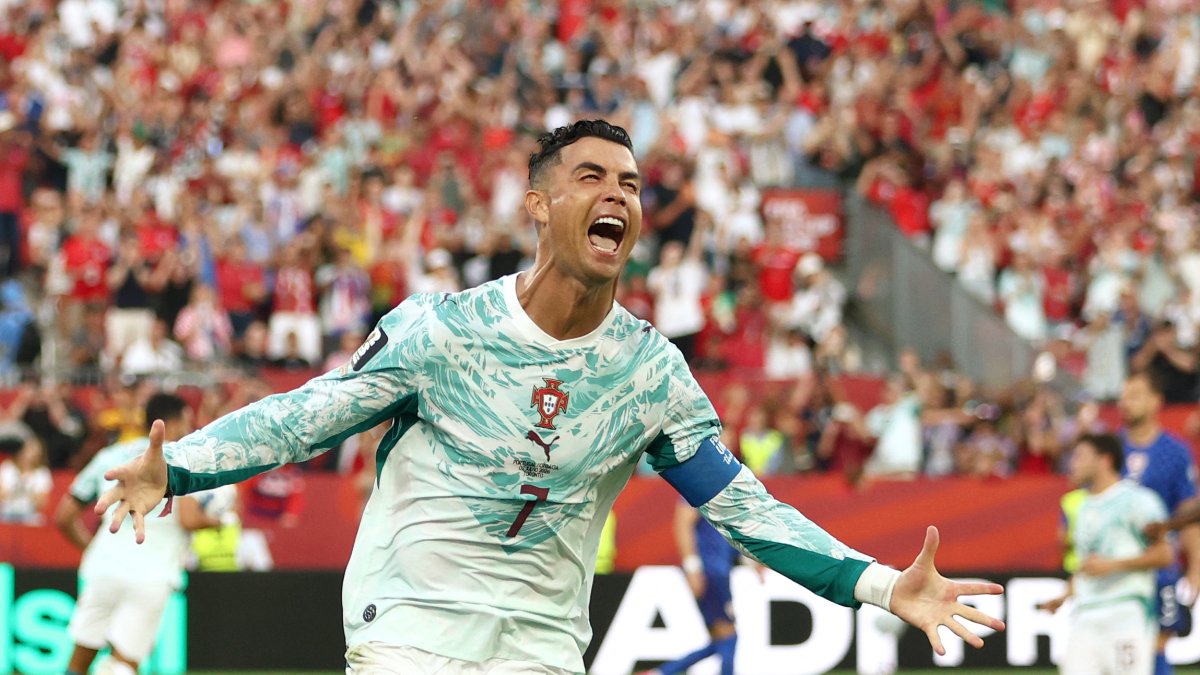 Cristiano Ronaldo celebrates his penalty kick goal on Thursday, July 2, in Toronto.