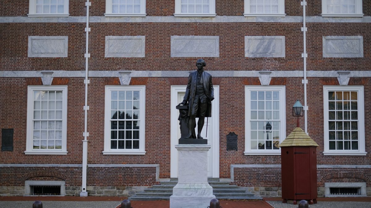 A general view of the statue of George Washington stands in front of Independence Hall in Philadelphia.