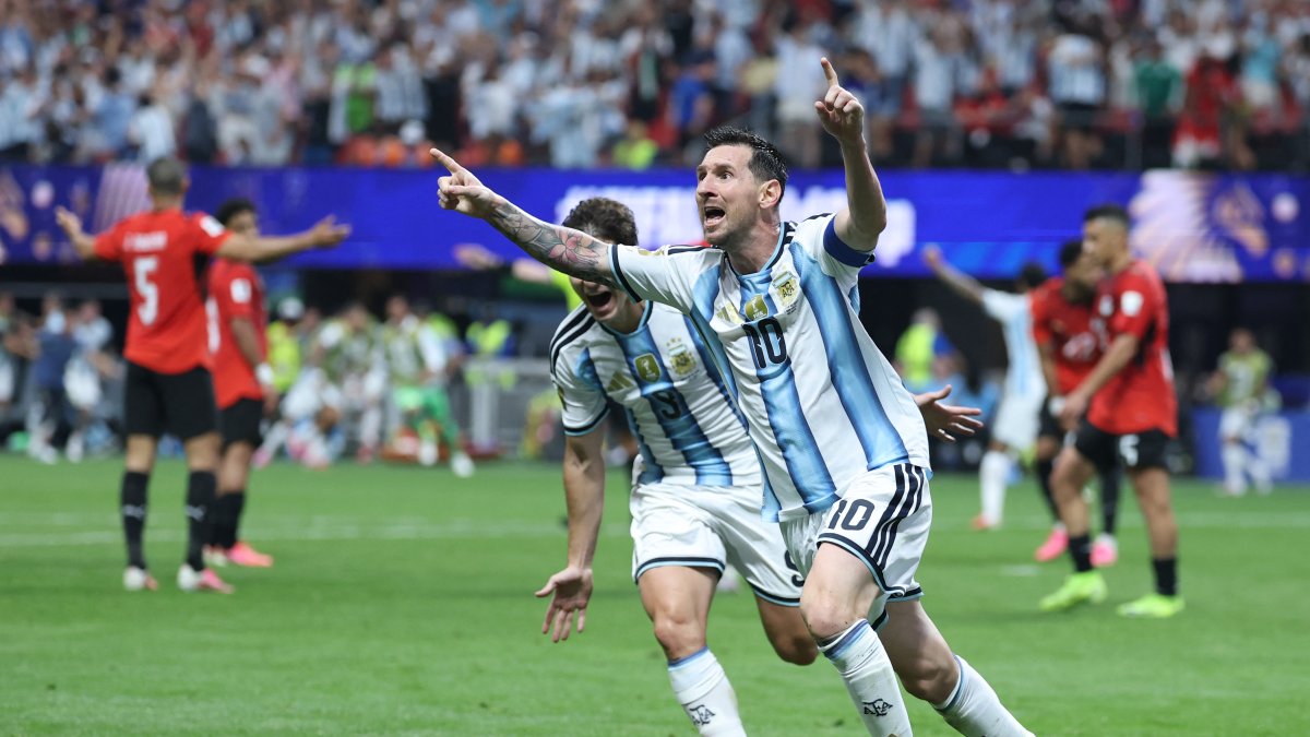Argentine forward Lionel Messi, number 10, celebrates his team’s second goal