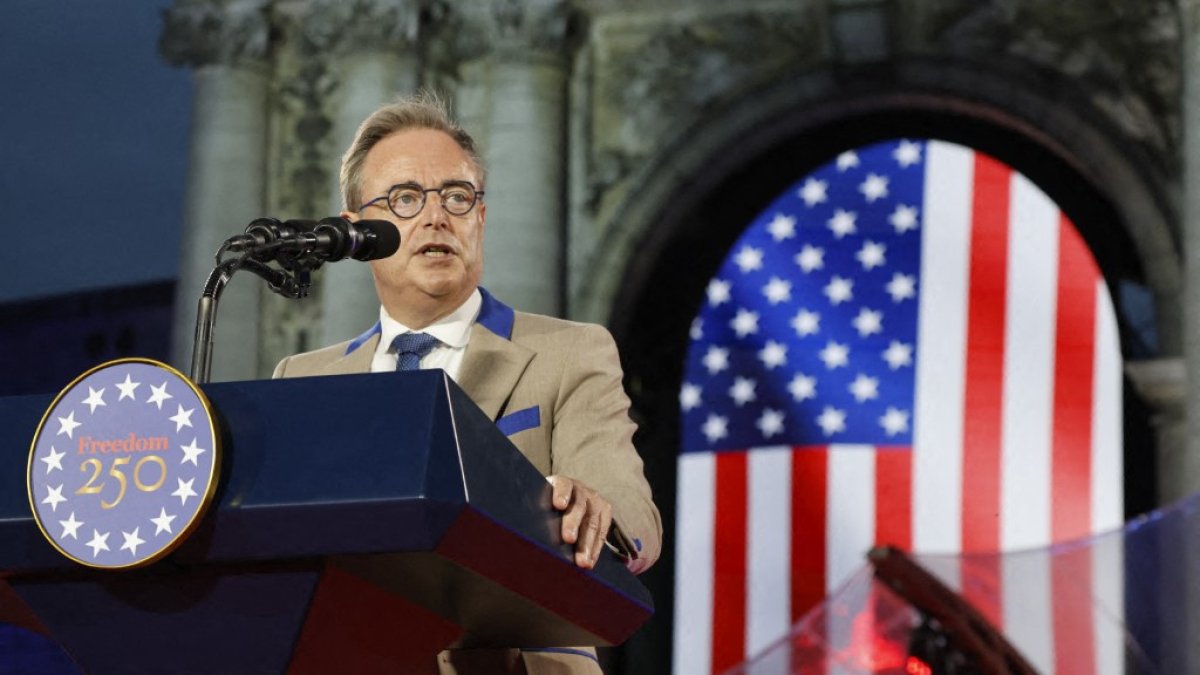 Bart De Wever delivers a speech during the celebration of the 250th anniversary of the United States