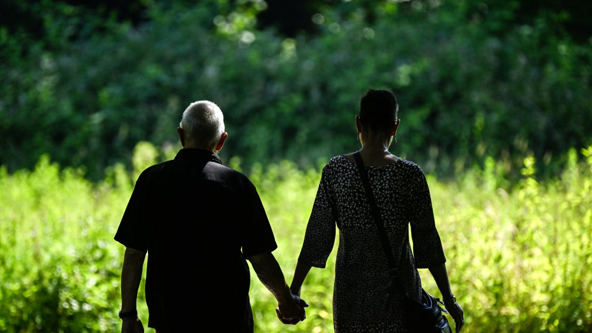 Una pareja de adultos mayores camina por un parque público (Archivo)